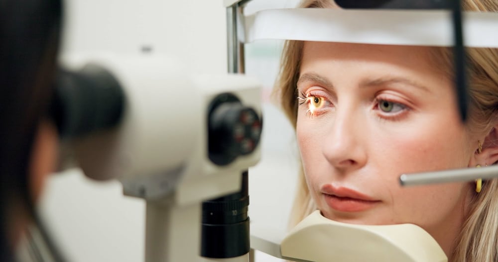 Patient having an eye exam before cataract surgery.